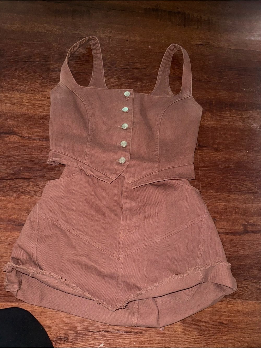 naked wardrobe Rust Brown Denim Corset Top & High-Waist Shorts Set